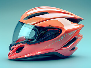 Red and orange racing bike helmet with visor. Modern aerodynamic cycling gear concept. Design for motorsport equipment catalog. Studio shot with teal background