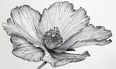Illustrate a frontal view of a rare flower species using detailed pen and ink techniques, emphasizing the fine lines and textures of the flower, creating a striking visual