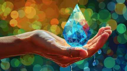 low-poly illustration of hand holding and protecting water drop, shortage awareness, environment care - obrazy, fototapety, plakaty