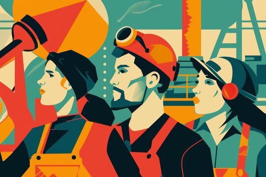 Artistic representation of industrial workers in a constructivist style, evoking the spirit of progress and teamwork in industrial settings, suitable for various media.