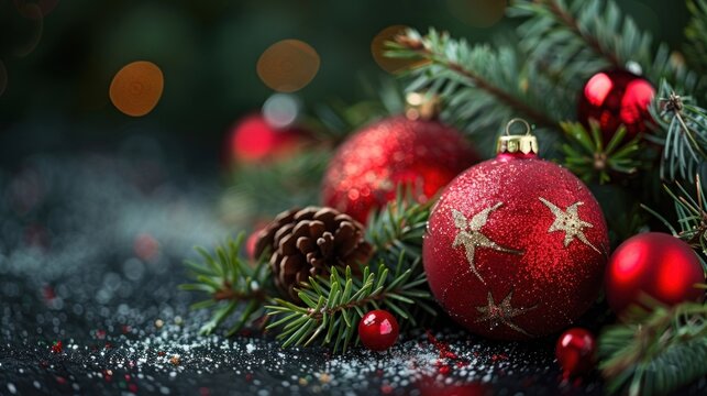 Fir tree and ball decoration isolated on black.AI generated image