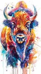 Realistic drawing bison vertical portrait in watercolor style isolated