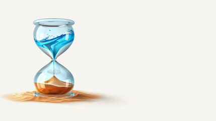 clock sand with water on top and sand in the bottom, concept of water crisis, shortage, environmental and sustainability problems