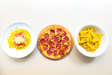 Traditional Turkish cuisine. Pizza, pita, pidesi, sucuk, hummus, kebab. Many dishes on the table. Serving dishes in restaurant. Margherita,  mix, formaggi, veggie karisik pizza. Top view, flat lay