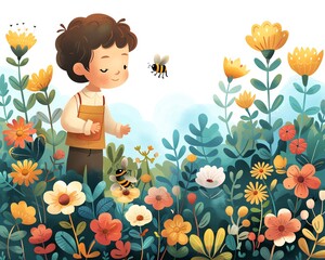 Cartoon clipart of a botanist in a whimsical garden chatting with animated flowers and bees. - obrazy, fototapety, plakaty