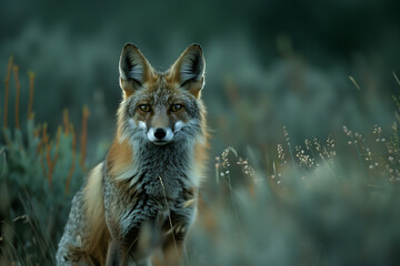 Un renard qui se tient debout dans un champ, le regard fixe et attentif. 