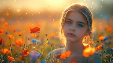 A young girl with a thoughtful expression on her face is walking in a beautiful field of multi-colored wildflowers. Generative AI.
