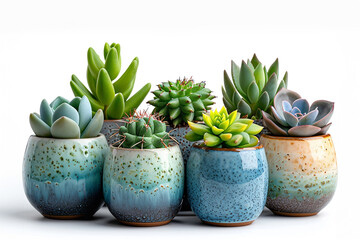 collection Set of different mixed cactus and succulents types of small mini plant in modern ceramic nordic vase pot as furniture cutouts on white background.