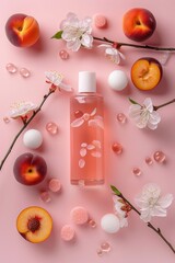 Bottle mockup and peaches around it on a pink background. Created with Ai technology.