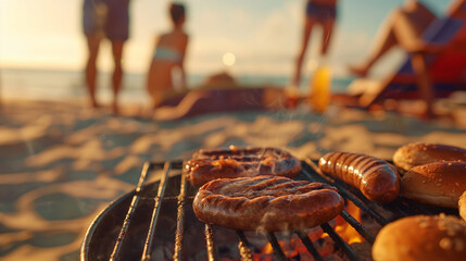 A beach picnic with a small grill cooking sausages and burgers, with friends lounging and playing in the background. , natural light, soft shadows, with copy space - obrazy, fototapety, plakaty