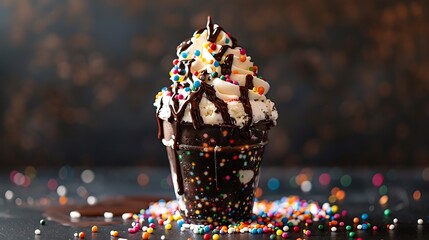 A chocolate ice cream sundae with chocolate syrup and rainbow sprinkles