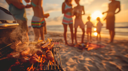 A family barbecue on the beach, with children grilling hot dogs and enjoying the sunset atmosphere. , natural light, soft shadows, with copy space
