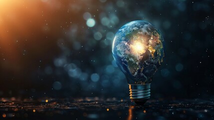 Earth hour background. Blue planet earth in space in a glowing light bulb. copy space