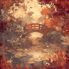 Breathtaking Autumn Waterfall: A tranquil Asian bridge scene in vibrant fall colors.