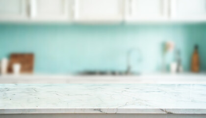 Empty white marble texture table top on blurred scandinavian kitchen background for montage or display your products.