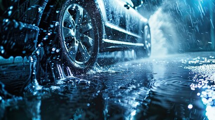 Washing Away the Day: A car wash close-up, water droplets flowing on a car like cleansing tears.. - obrazy, fototapety, plakaty