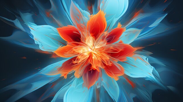 Digital art of a dynamic abstract flower with vibrant orange and blue petals exploding with energy.
