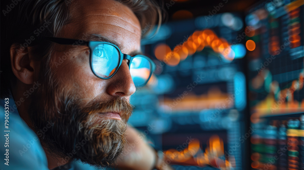 Poster crypto trader analyzing stock market indicators for best investment strategy, financial data and cha