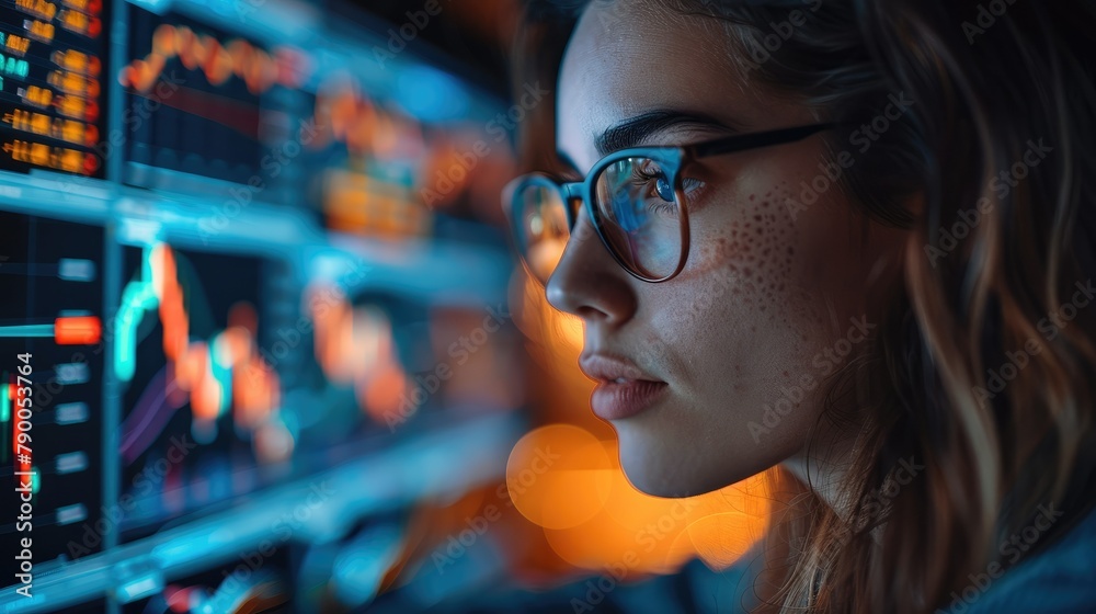 Poster crypto trader analyzing stock market indicators for best investment strategy, financial data and cha