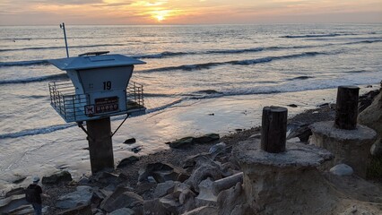 Southern California beaches, sunsets, surfers, tide pools and palms trees at Swamis Reef Surf Park...