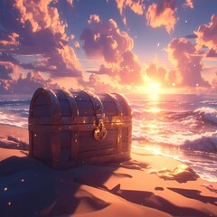 Set sail on an adventure to unearth ancient riches. This image captures the essence of seafaring legend, as a weathered treasure chest sits in wait under the tumultuous skies. - obrazy, fototapety, plakaty