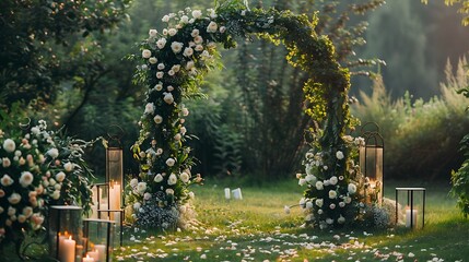 Arch is decorated flowers greens greenery candles location for luxury wedding ceremony