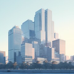 Ultra-modern Skyscraper Kisses the Sky - Dazzling Urban Skyline in Warm Sunrise Hues