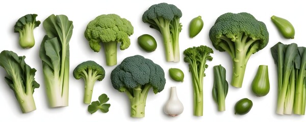 Green leafy vegetables including broccoli, lettuce, green onions, and other fresh produce