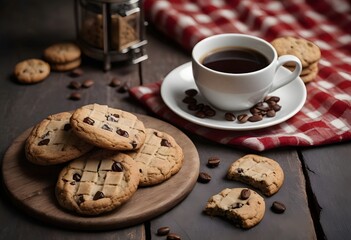 Generative AI illustration of coffe , on a rustic wooden table with a checkered cloth and broken chunks of cookies nearby 