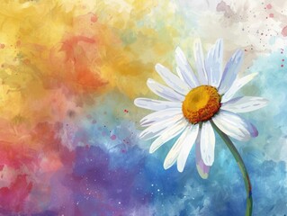 Vibrant watercolor painting of a daisy with colorful background and artistic splotches