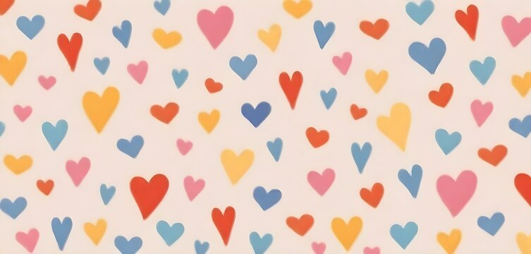 Colorful hearts pattern on a light background, with various shades of red, pink, yellow, and blue hearts scattered across the image