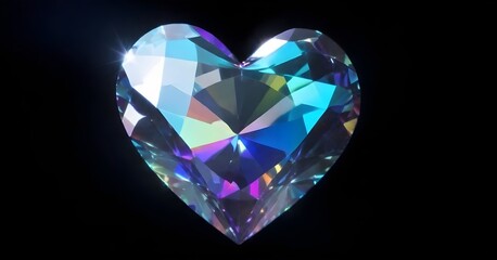 A large, colorful heart-shaped diamond with a dark background, displaying a variety of vibrant colors and reflections