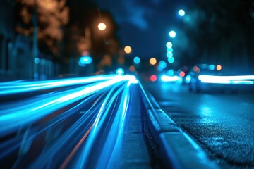 blue car lights at night. long exposure line street