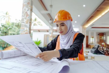Arabian woman engineer working on blueprints