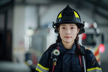 Asian woman firefighter in uniform