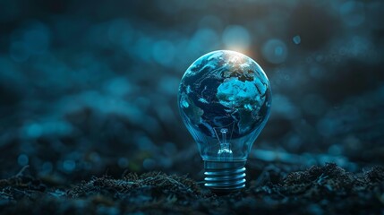 Earth hour, ecology and environment concept. Blue planet Earth in space in a glowing light bulb on represents Earth Day. copy space