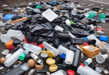 Pile of discarded plastic and other waste materials on the ground - obrazy, fototapety, plakaty