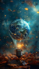 Earth hour, ecology and environment concept. Blue planet Earth in space in a glowing light bulb on represents Earth Day. copy space