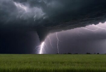 Fototapeta na wymiar A powerful tornado with a lightning bolt striking in a stormy, cloudy sky over a grassy field