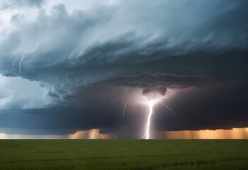 Naklejka na ściany i meble A powerful tornado with a lightning bolt striking in a stormy, cloudy sky over a grassy field