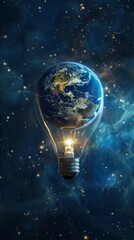Earth hour, ecology and environment concept. Blue planet Earth in space in a glowing light bulb on represents Earth Day. copy space