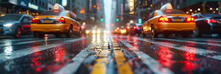 Rainy City Street at Night, Reflections of Urban Lights on Wet Asphalt, Vibrant Metropolitan Life