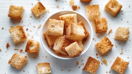 Crunchy croutons, Tasty croutons with cream cheese on white background. top view