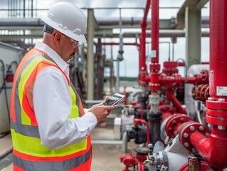 A professional engineer in safety gear using a tablet at an industrial site with complex piping.