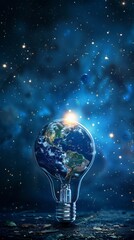 Naklejka premium Earth hour, ecology and environment concept. Blue planet Earth in space in a glowing light bulb on represents Earth Day. copy space