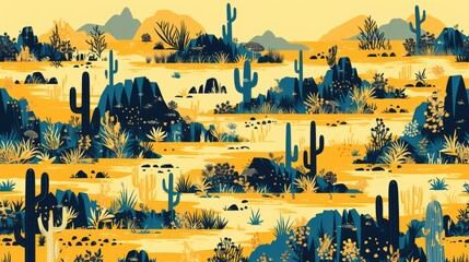 A vibrant pattern captures the essence of a Western cartoon desert landscape complete with cactuses herbs sand dunes and stones against a detailed colored page background in black 