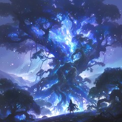 Fototapeta na wymiar Beneath the starlit night sky, an ancient tree stands as a portal to other worlds. Journey through its ethereal roots and discover the secrets that lie within.