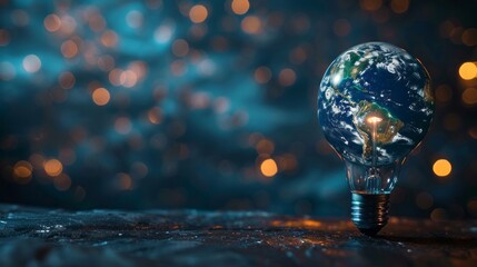 Earth hour, ecology and environment concept. Blue planet Earth in space in a glowing light bulb on represents Earth Day. copy space