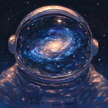 An astronaut's helmet mirrors the mesmerizing depths of a distant galaxy, capturing the awe-inspiring essence of space exploration.