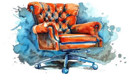 A watercolor painting of an orange leather chair with a tufted backrest and silver caster wheels.